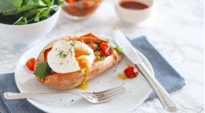 Roasted Sweet Potatoes with Poached Eggs & Bell Pepper Salsa