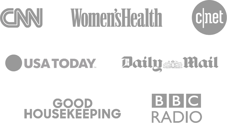 Logos for Women’s Health, USA Today, CNN, CNET, Daily Mail, Good Housekeeping, and BBC Radio.
