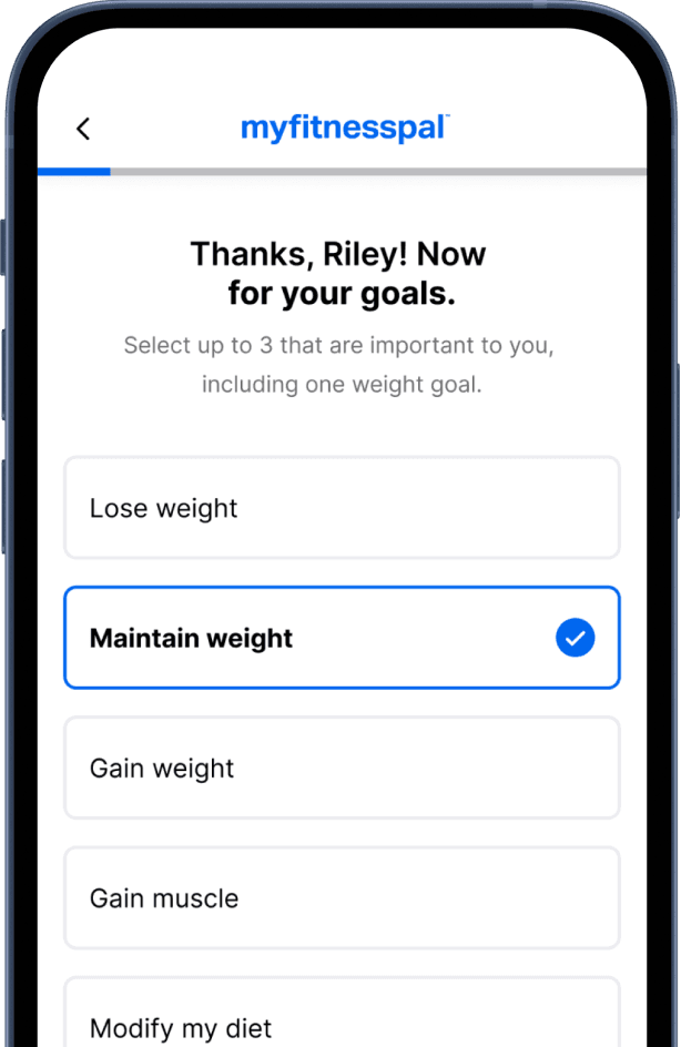 Sample screen from the MyFitnessPal app’s goals questionnaire which asks users to select up to three goals that are important to them.