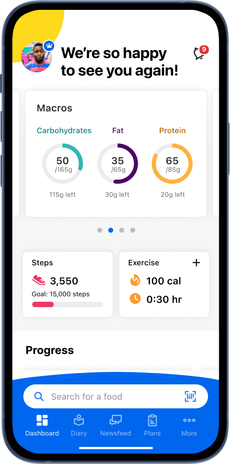 The MyFitnessPal app’s home screen dashboard shows today’s progress for calories, macros, steps, exercise, and more.